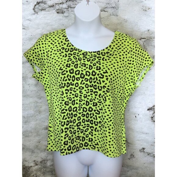 Ruby Rd Womens Petite Lime Green Leopard Print Short Sleeve Stretch Top NEW PXL - Picture 7 of 10
